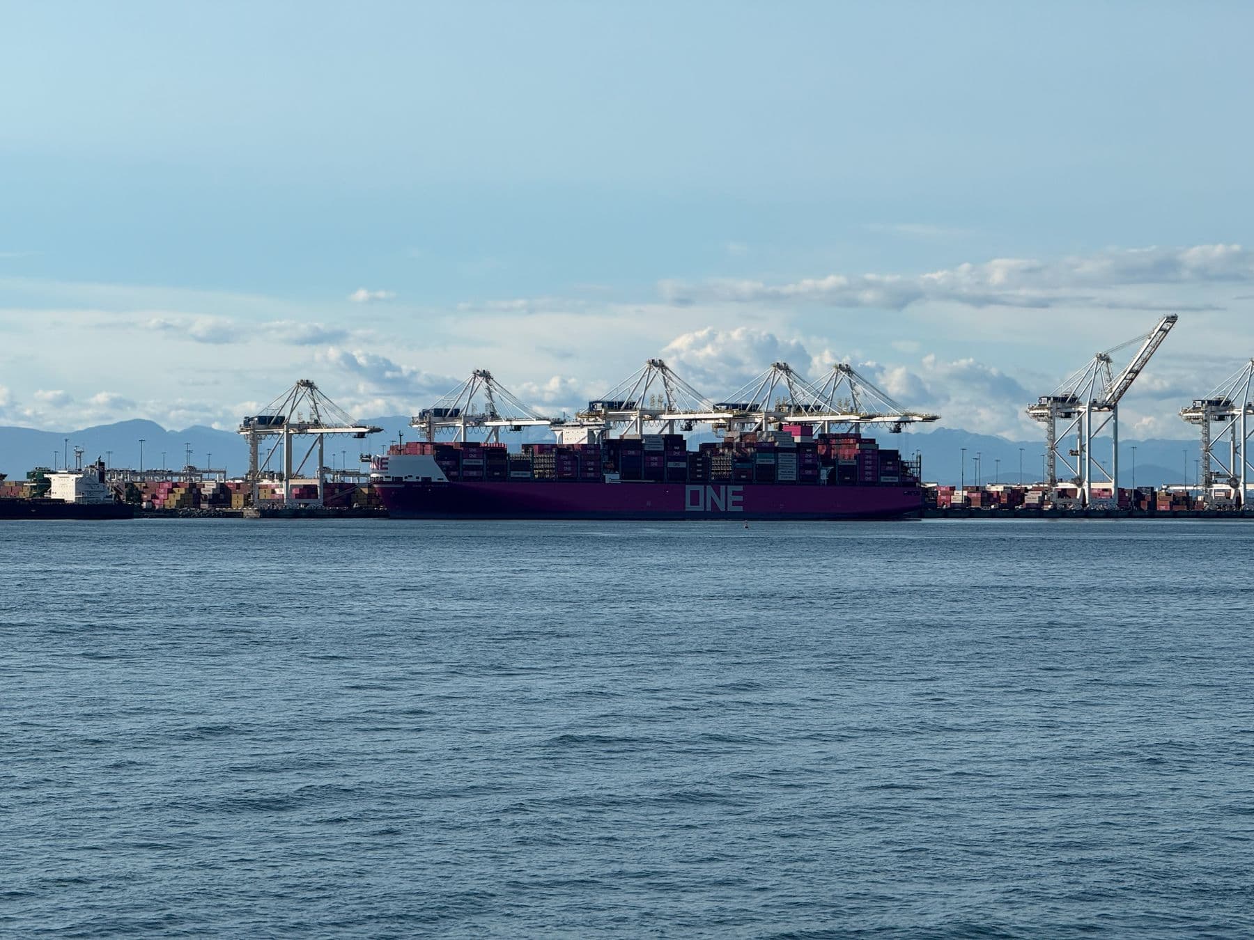 A cargo ship alongside industrial cranes at a working port.
